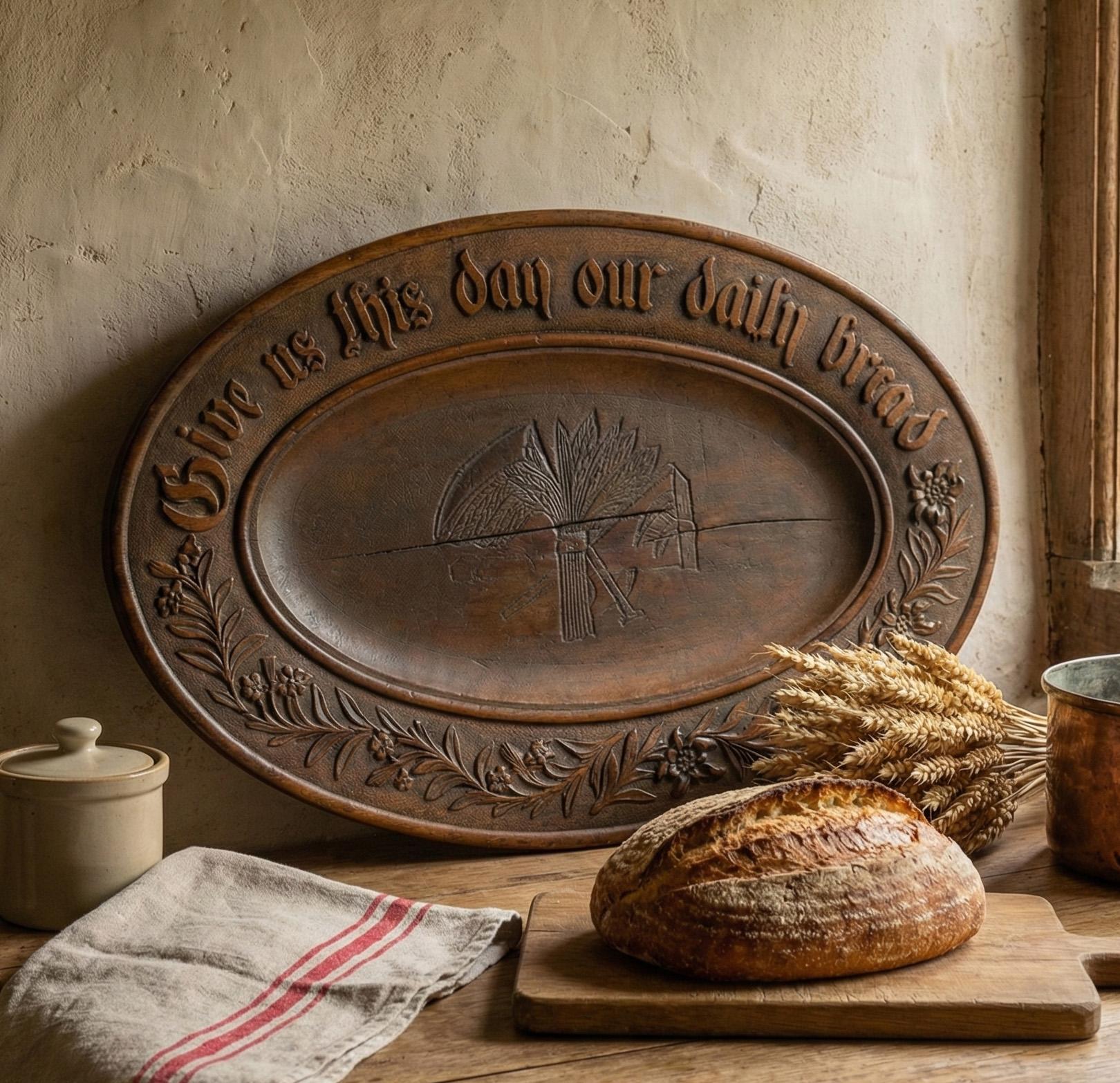 Ovale, geschnitzte Platte aus Eichenholz, verziert mit Weizengarben und den um den Rand geschnitzten Worten 