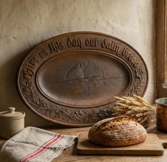 'GIVE US THIS DAY OUR DAILY BREAD' Carved Oak Vintage Platter