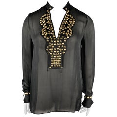 GIVENCHY 10 Black Gold Studded Silk Chiffon Resort 2010 Blouse