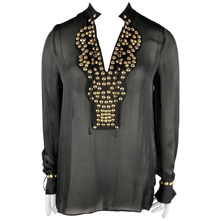 GIVENCHY 10 Black Gold Studded Silk Chiffon Resort 2010 Blouse For Sale at  1stDibs