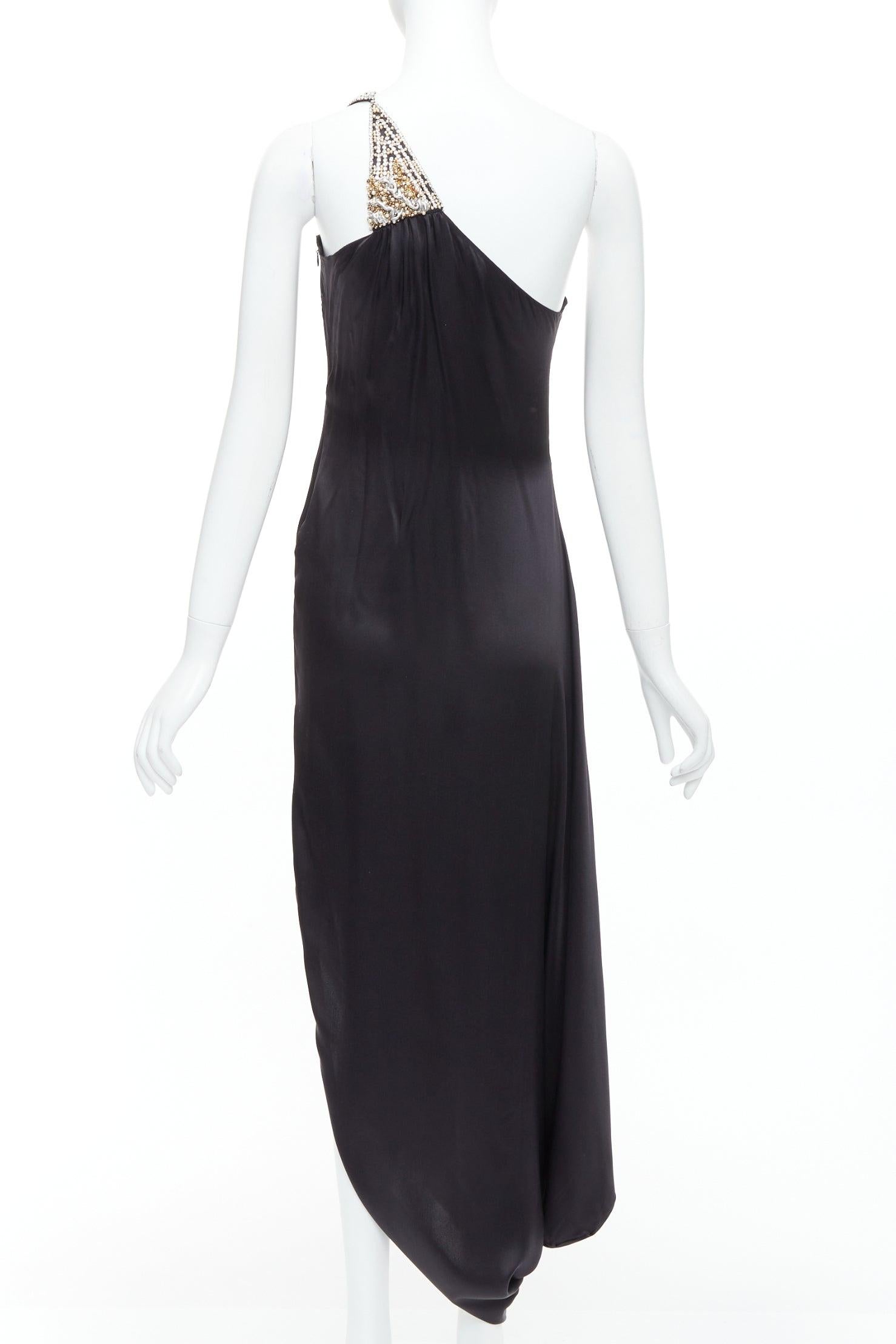 Women's GIVENCHY 100% silk black leather pearl embellished one shoulder dress FR38 M For Sale