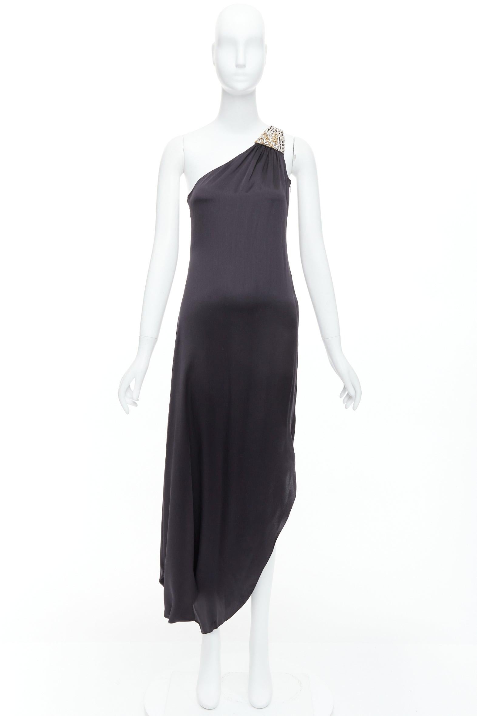 GIVENCHY 100% silk black leather pearl embellished one shoulder dress FR38 M For Sale 4