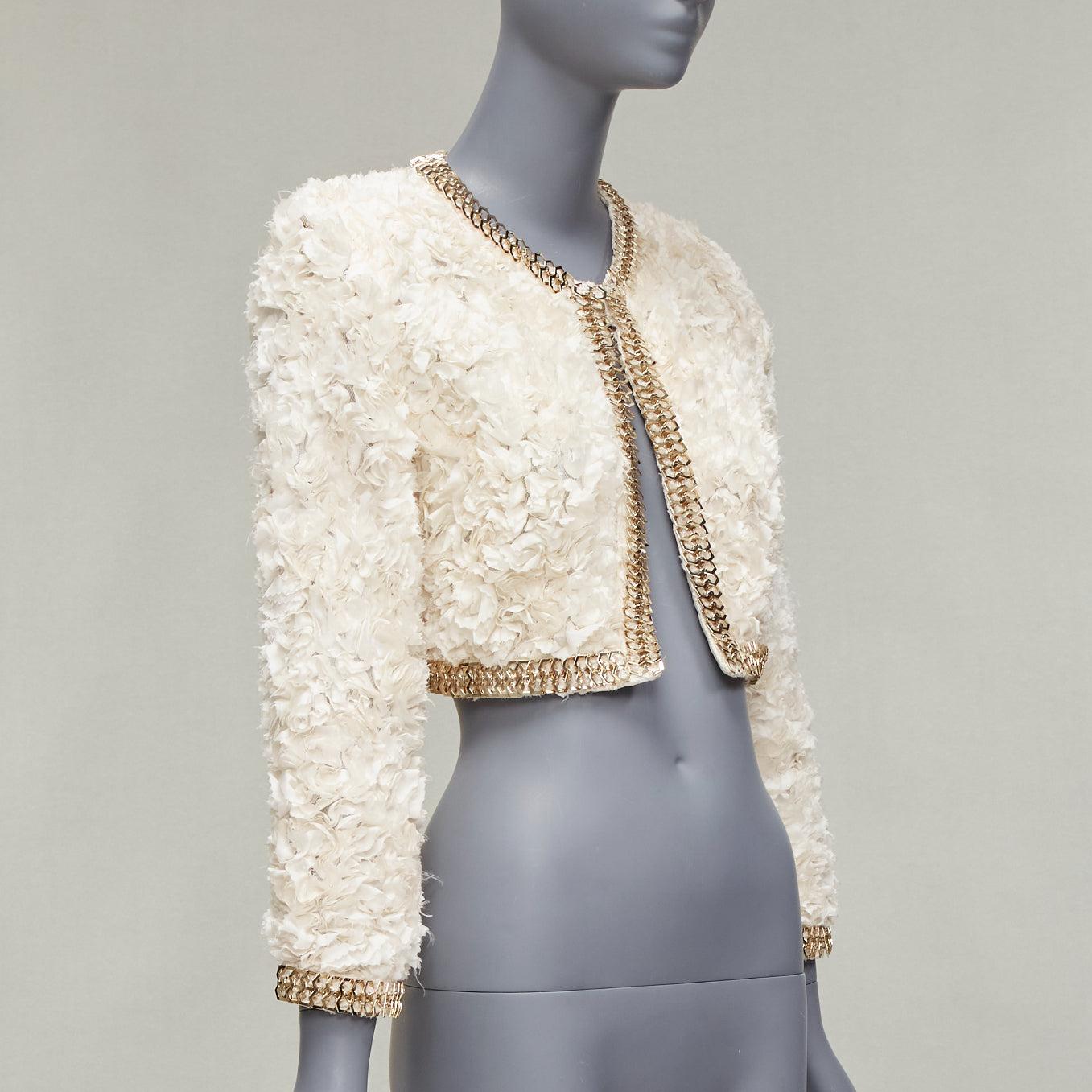 Gold GIVENCHY 100% silk cream applique ruffle gold brass chain cropped jacket S For Sale