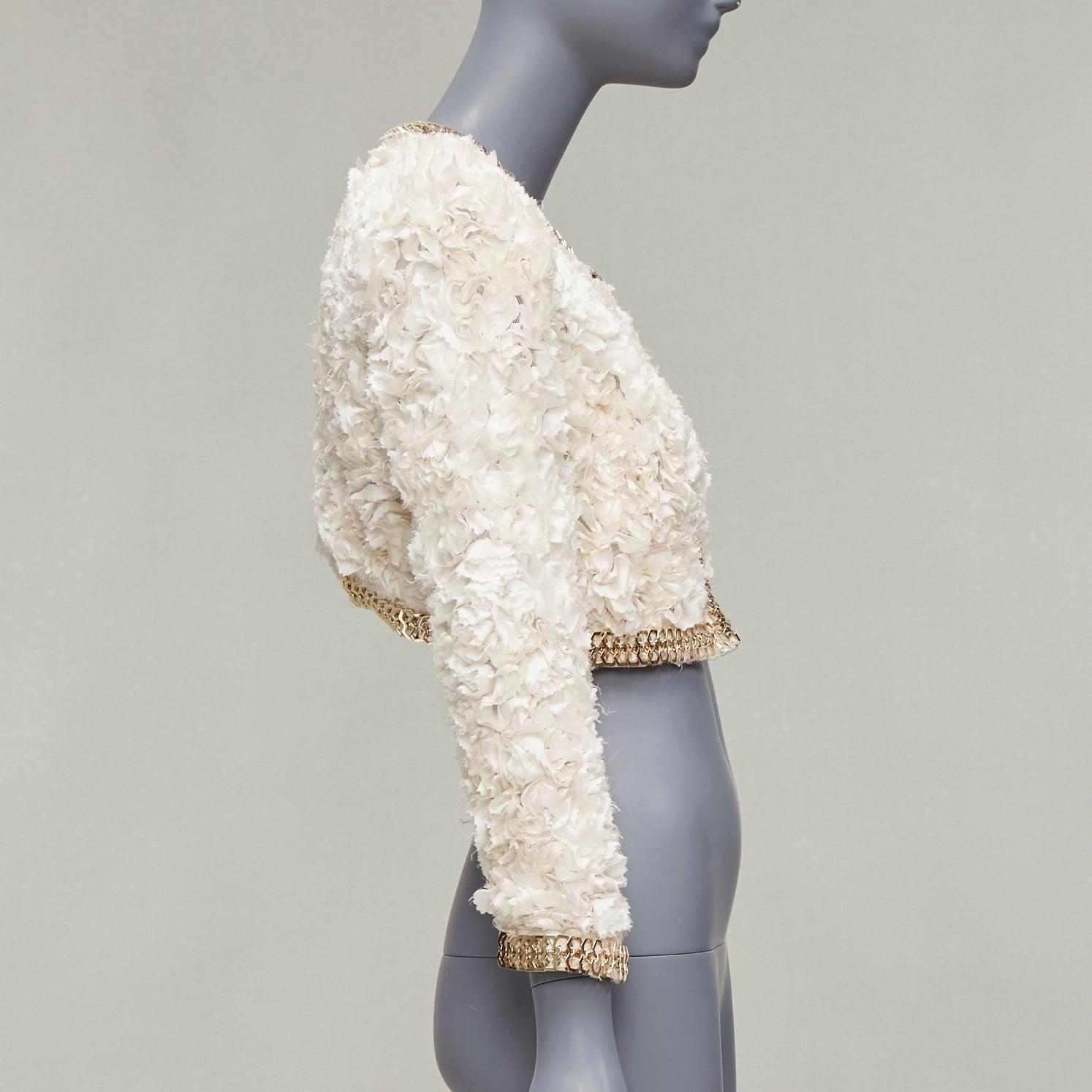 GIVENCHY 100% silk cream applique ruffle gold brass chain cropped jacket S In Good Condition For Sale In Hong Kong, NT