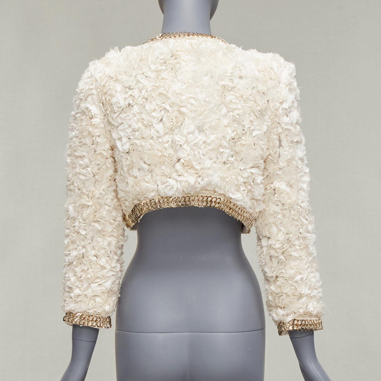 Women's GIVENCHY 100% silk cream applique ruffle gold brass chain cropped jacket S For Sale