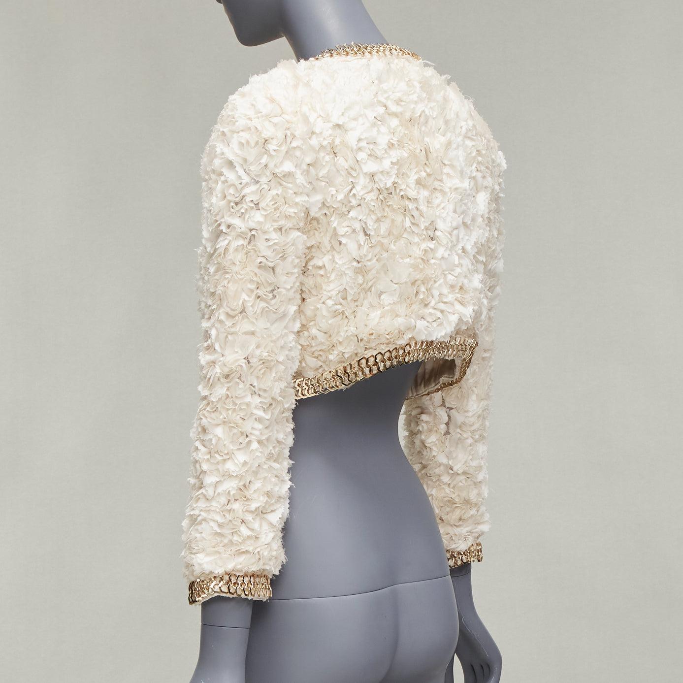 GIVENCHY 100% silk cream applique ruffle gold brass chain cropped jacket S For Sale 1