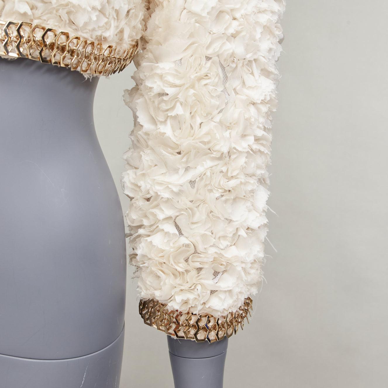 GIVENCHY 100% silk cream applique ruffle gold brass chain cropped jacket S For Sale 2