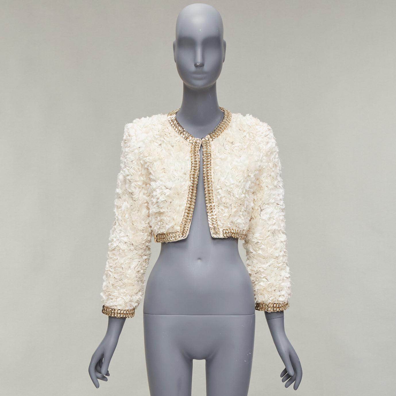 GIVENCHY 100% silk cream applique ruffle gold brass chain cropped jacket S For Sale 4