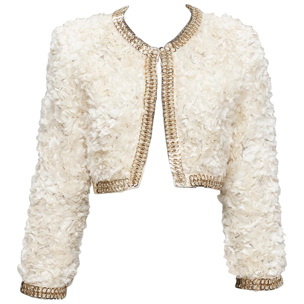 GIVENCHY 100% Seide Cremefarbene Jacke mit cremefarbener Applikation und Rüschen in Goldmessing mit Kette S