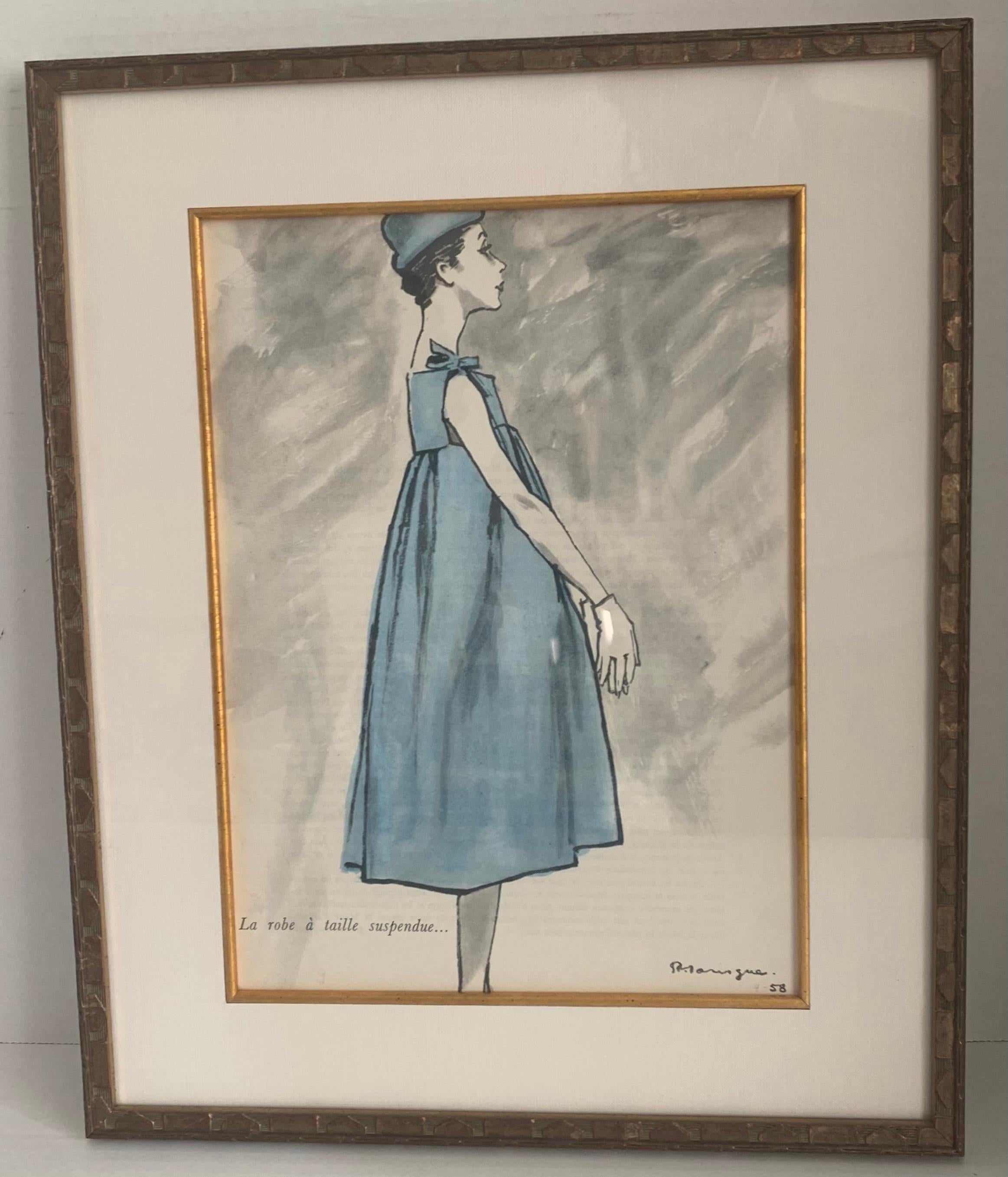 1958 fashion illustration of Givenchy light blue dress and hat print by Pierre Mourgue. Linen backed print. Professionally framed in carved gilt-wood frame.