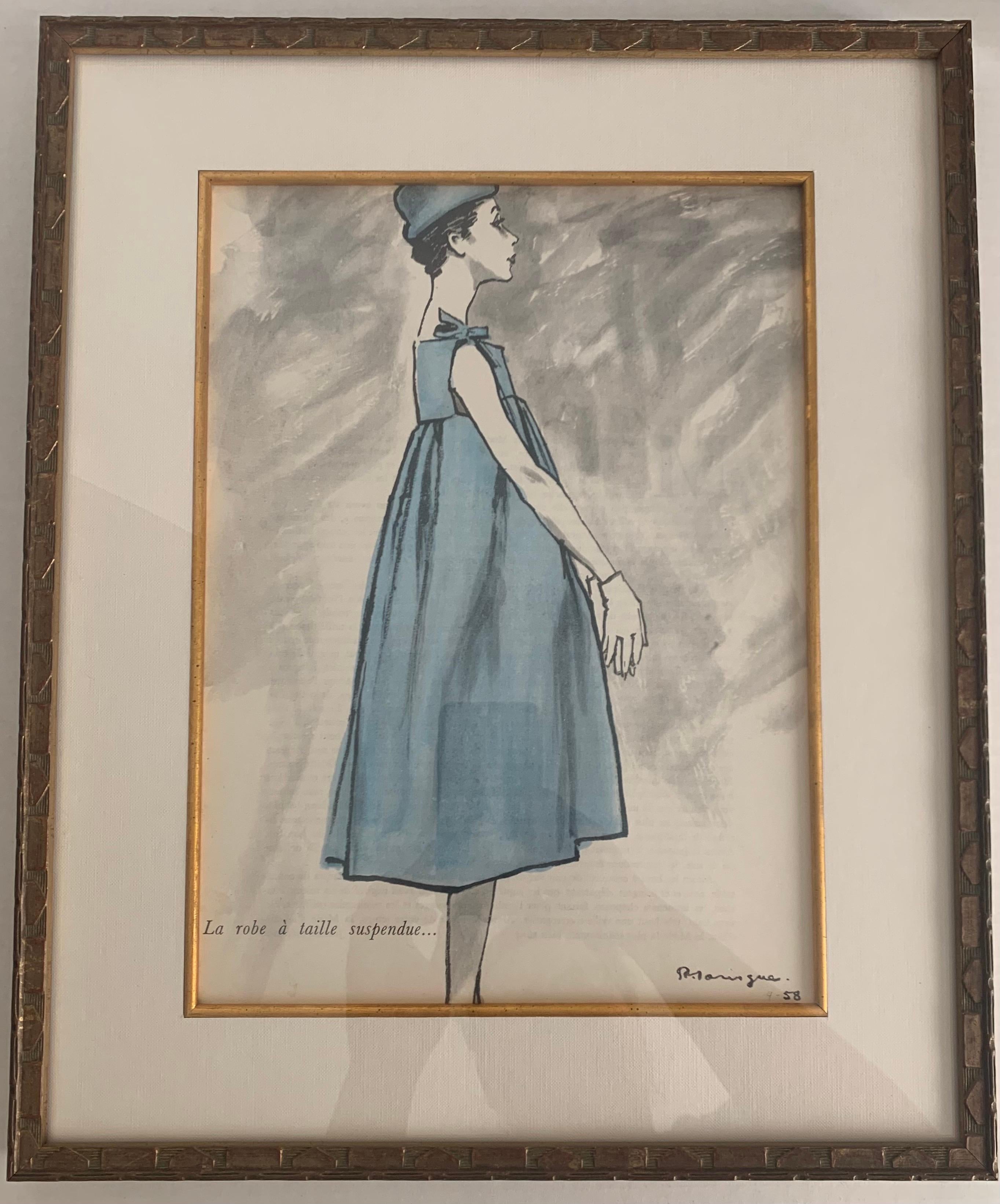 Hollywood Regency Givenchy 1958 Fashion Illustration by Pierre Mourgue Framed