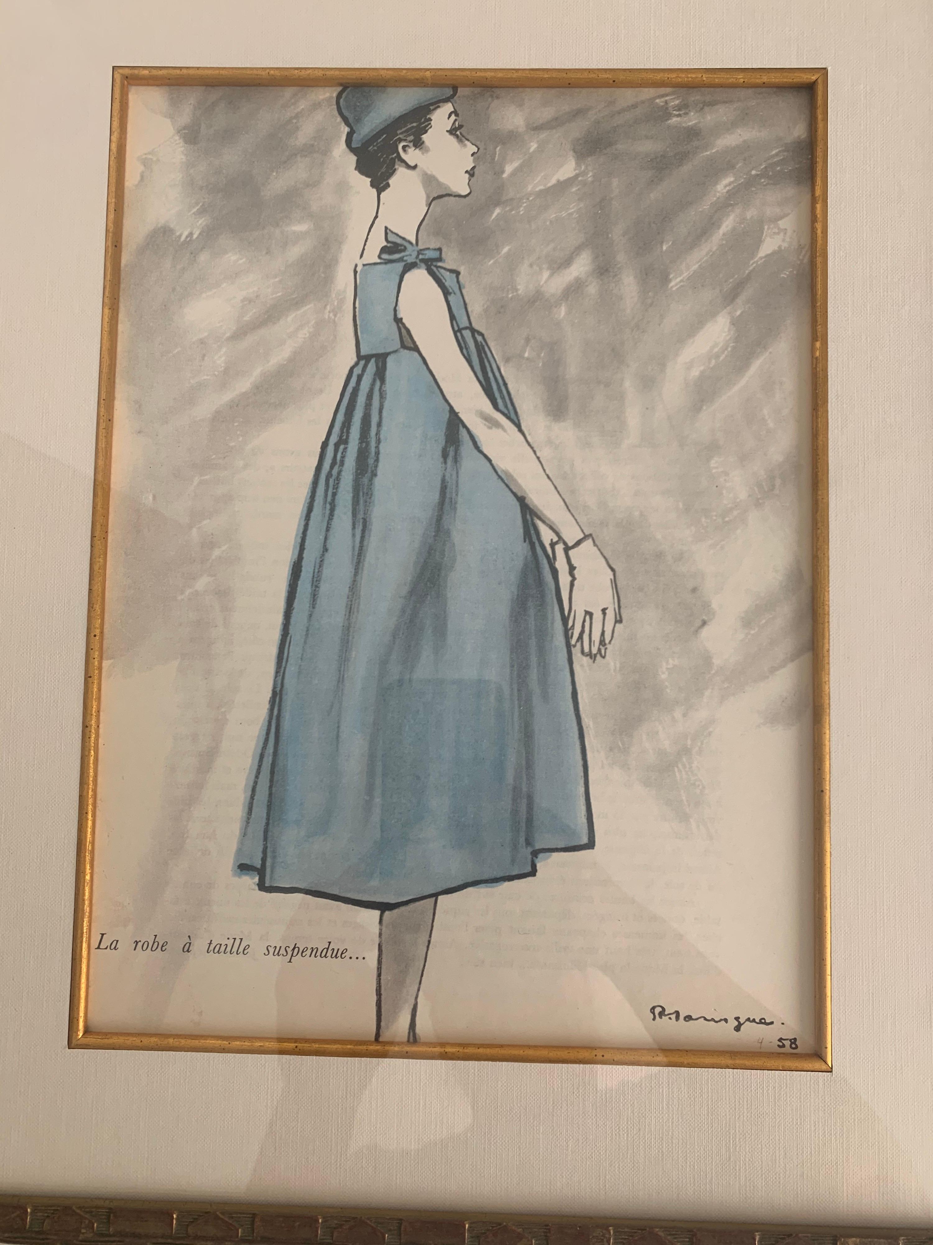 French Givenchy 1958 Fashion Illustration by Pierre Mourgue Framed
