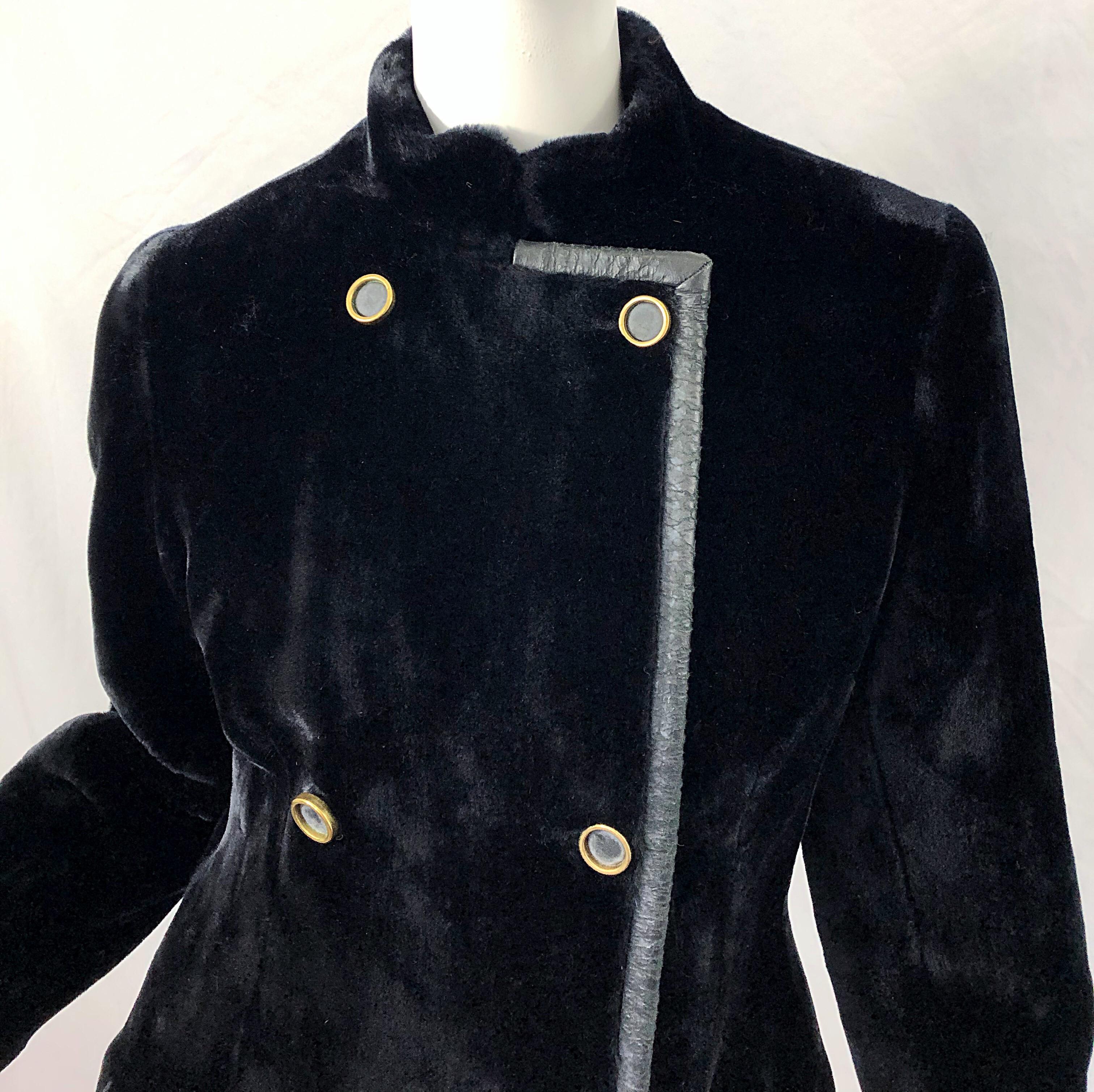 Women's Givenchy 1960s Faux Fur Black Double Breasted Vintage 60s Swing Jacket Coat