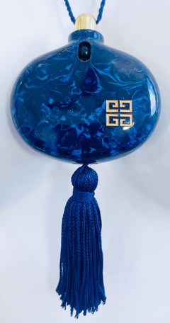 Givenchy 1970s Navy Blue Marbleized Tassel Vintage 70s Perfume Bottle Necklace