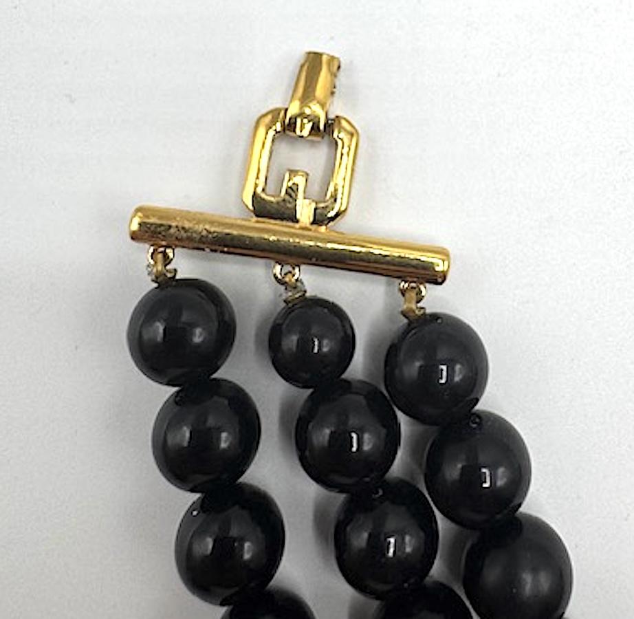 Givenchy 1980s Art Deco 3 Strand Black Resin Bead and Gold Necklace For Sale 6