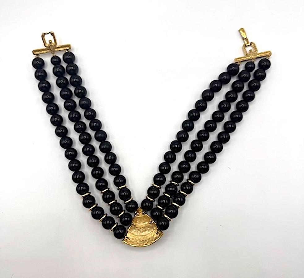 Givenchy 1980s Art Deco 3 Strand Black Resin Bead and Gold Necklace For Sale 7