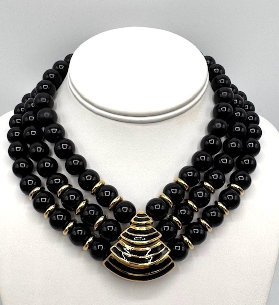 Givenchy 1980s Art Deco 3 Strand Black Resin Bead and Gold Necklace
Shorter strand long 15