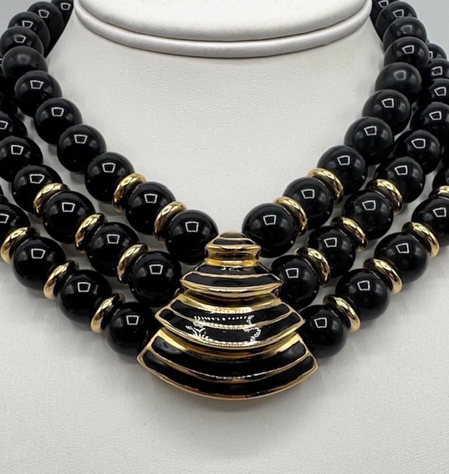 Givenchy 1980s Art Deco 3 Strand Black Resin Bead and Gold Necklace In Good Condition For Sale In New York, NY