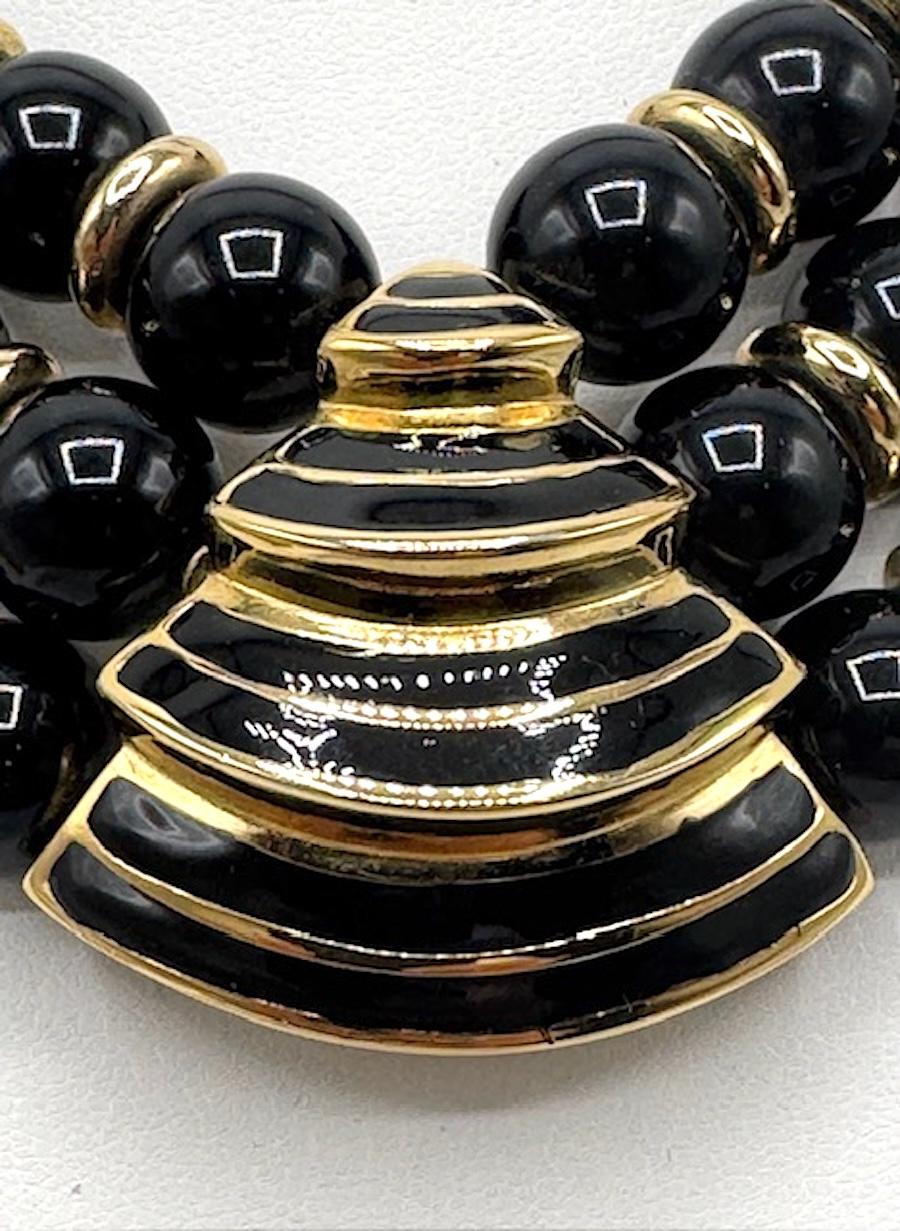 Women's Givenchy 1980s Art Deco 3 Strand Black Resin Bead and Gold Necklace For Sale