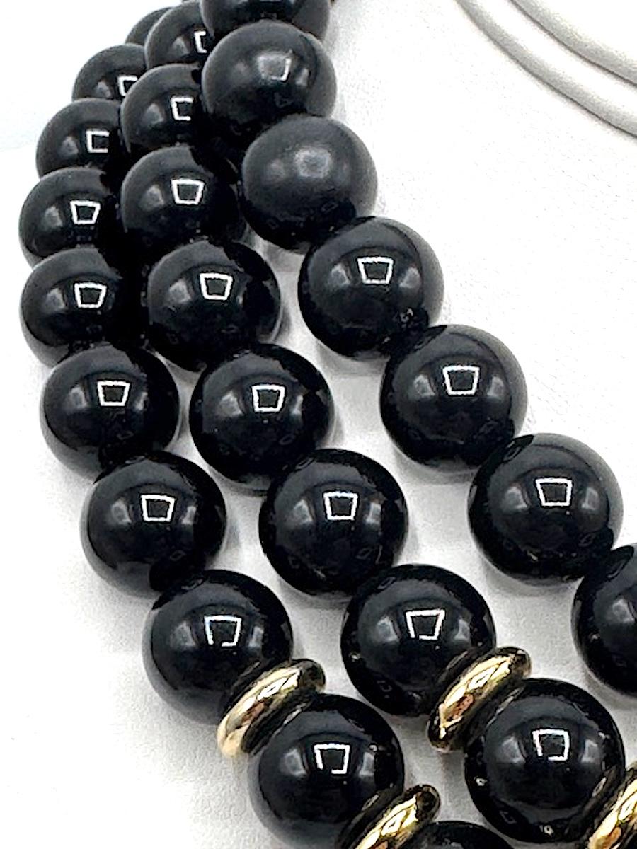 Givenchy 1980s Art Deco 3 Strand Black Resin Bead and Gold Necklace For Sale 1