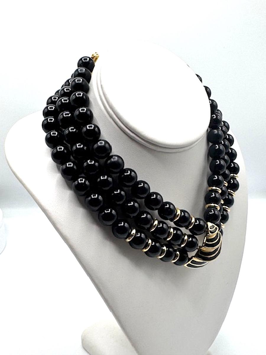 Givenchy 1980s Art Deco 3 Strand Black Resin Bead and Gold Necklace For Sale 2