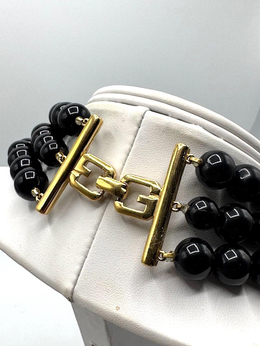 Givenchy 1980s Art Deco 3 Strand Black Resin Bead and Gold Necklace For Sale 3
