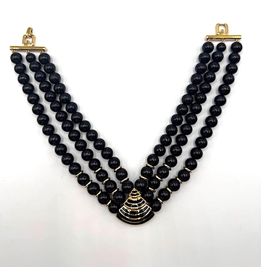 Givenchy 1980s Art Deco 3 Strand Black Resin Bead and Gold Necklace For Sale 4