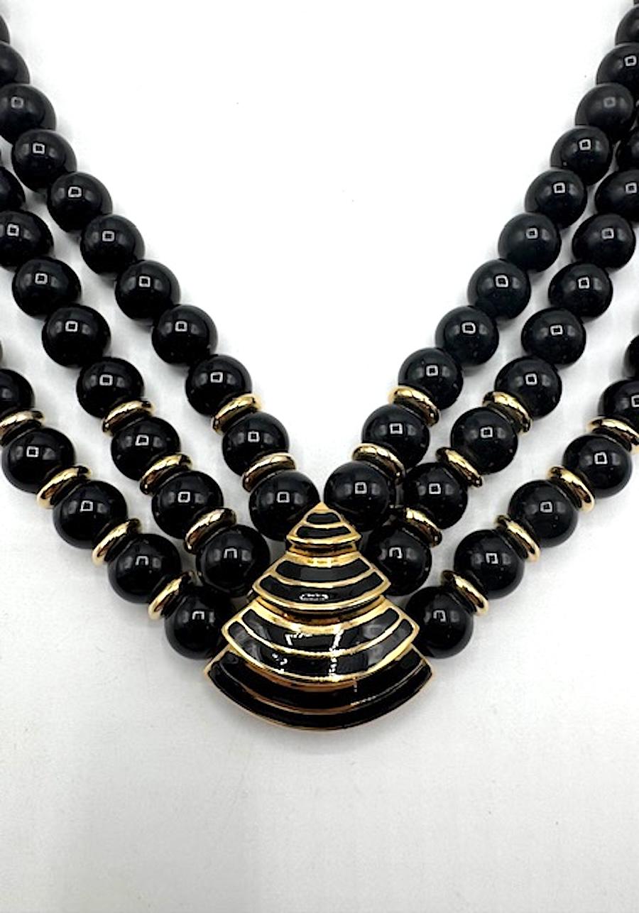 Givenchy 1980s Art Deco 3 Strand Black Resin Bead and Gold Necklace For Sale 5