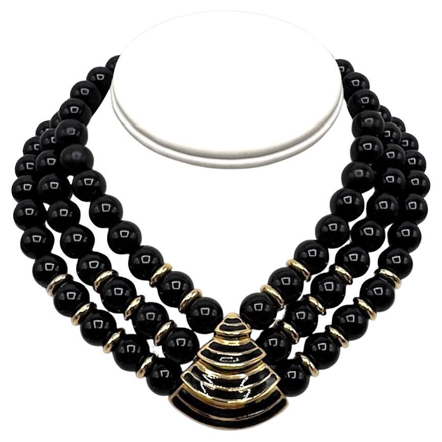 Givenchy 1980s Art Deco 3 Strand Black Resin Bead and Gold Necklace For Sale