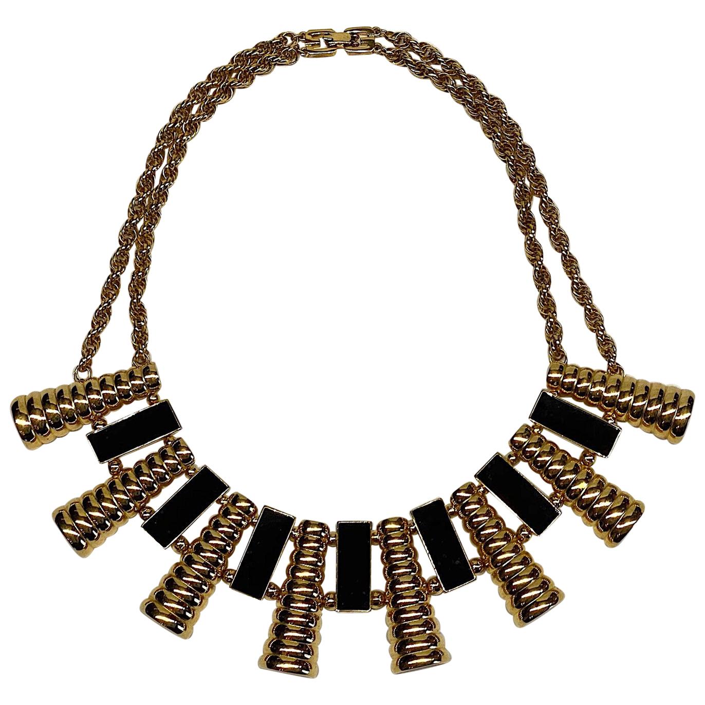 Givenchy 1980s Black Enamel & Gold Art Deco Necklace