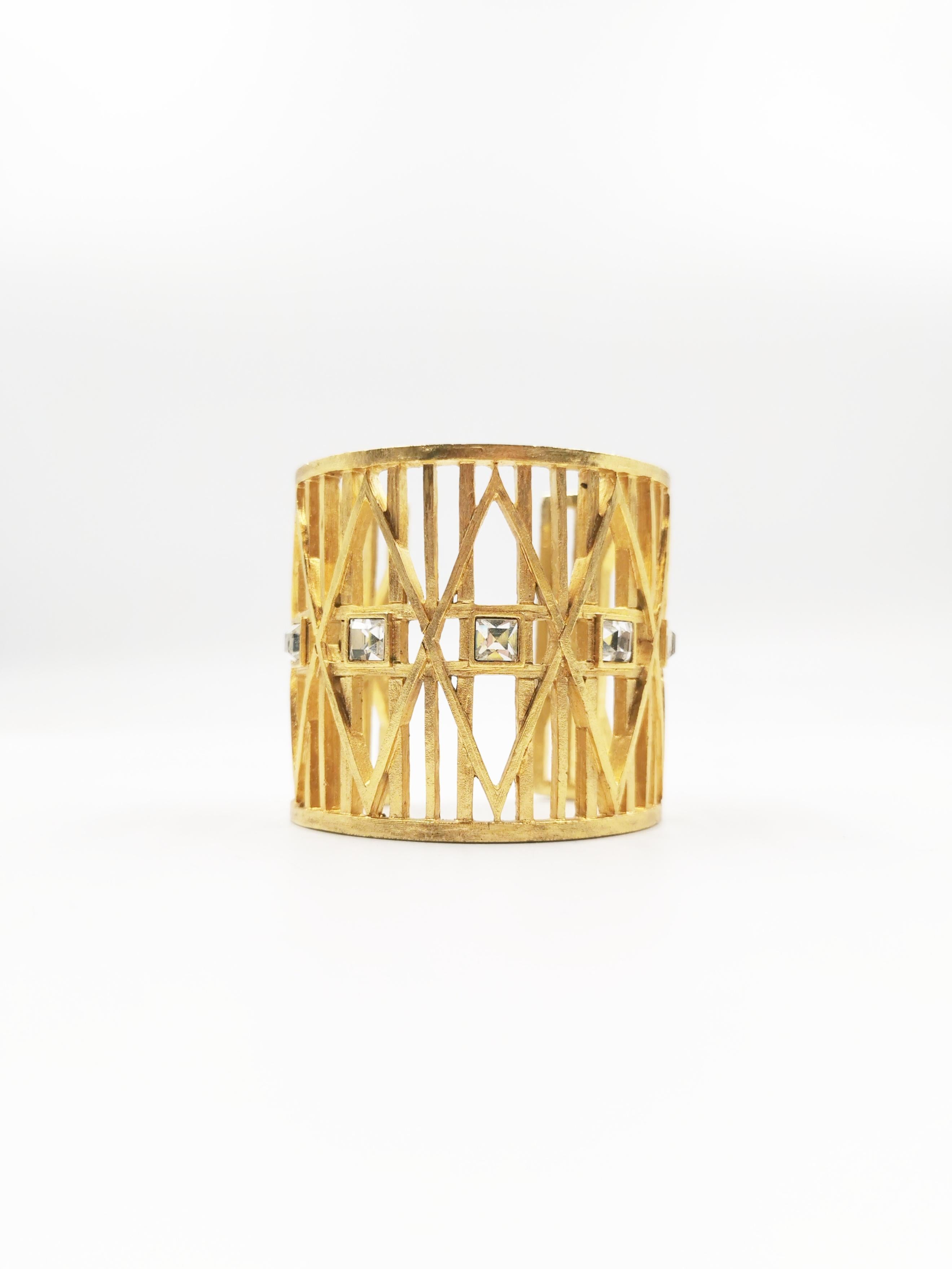 Etruscan Revival Givenchy 1980'S Gold Cuff Rhinestones Wide Bracelet Bangle Vintage For Sale