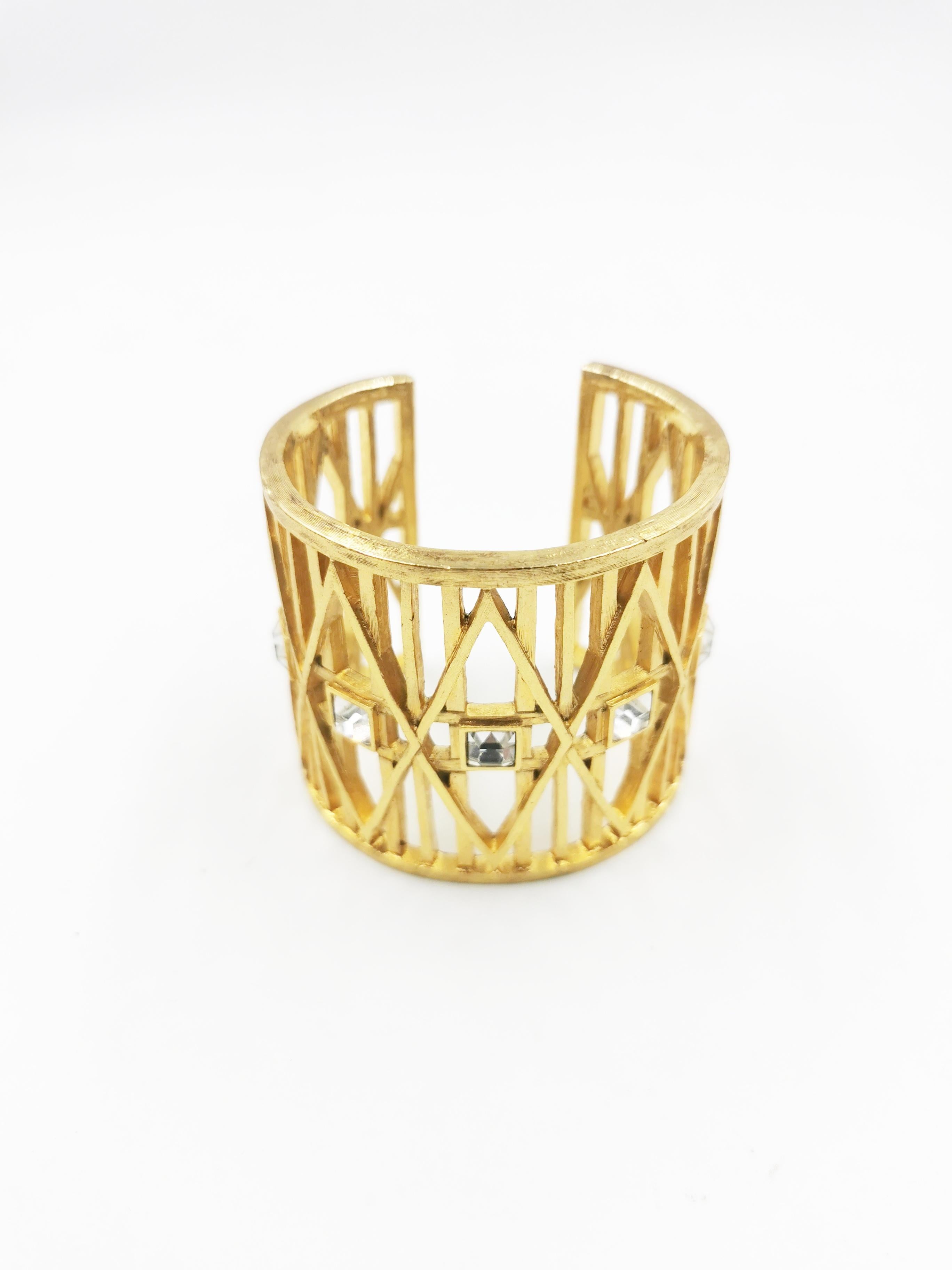 Women's or Men's Givenchy 1980'S Gold Cuff Rhinestones Wide Bracelet Bangle Vintage For Sale
