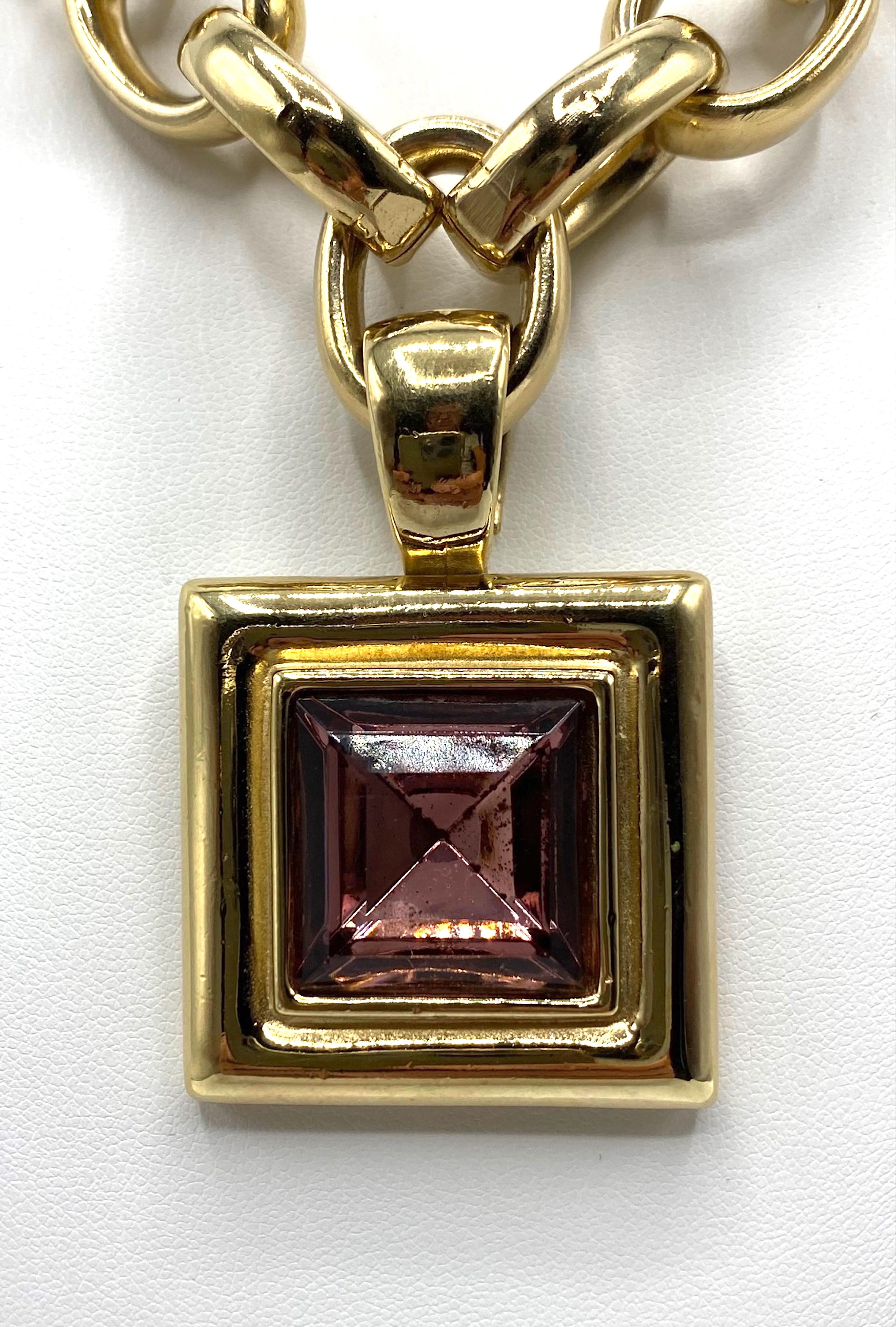Givenchy 1980s Gold Link Necklace with Square Purple Crystal Pendant For Sale 7