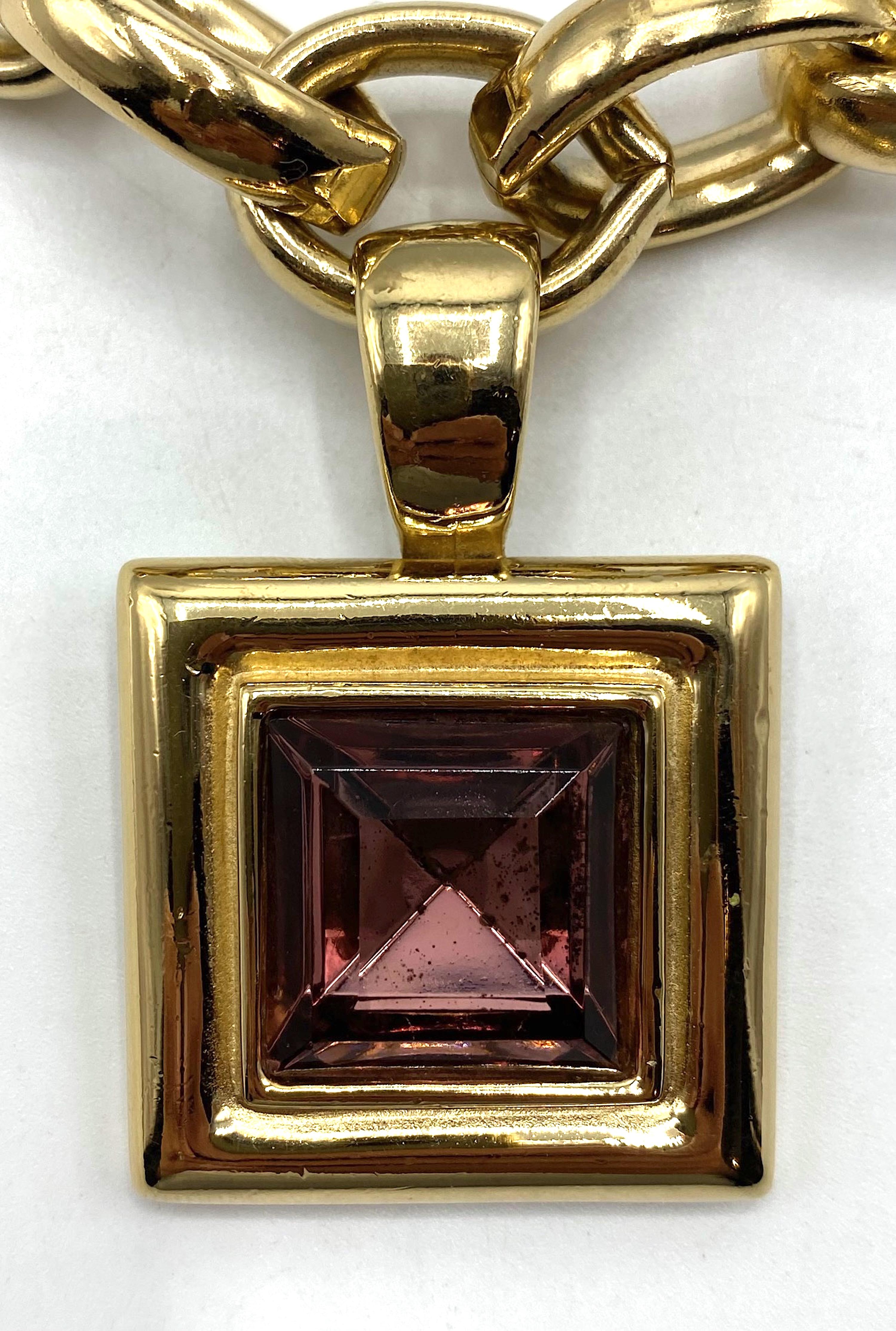 Givenchy 1980s Gold Link Necklace with Square Purple Crystal Pendant In Good Condition For Sale In New York, NY