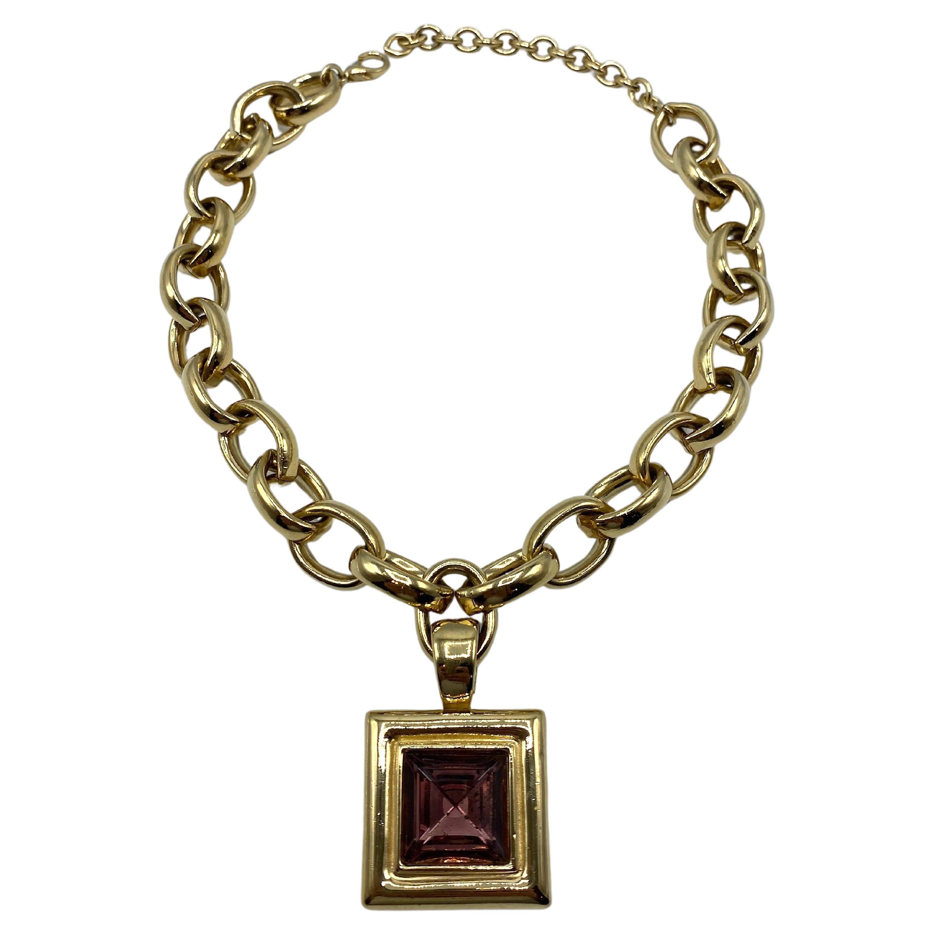 Givenchy 1980s Gold Link Necklace with Square Purple Crystal Pendant For Sale