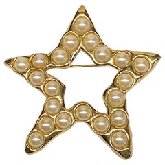 Givenchy 1980s Large Gold & Pearl Cabochon Star Pin