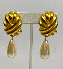 Givenchy 1980s Satin Gold & Pearl Pendant Earrings