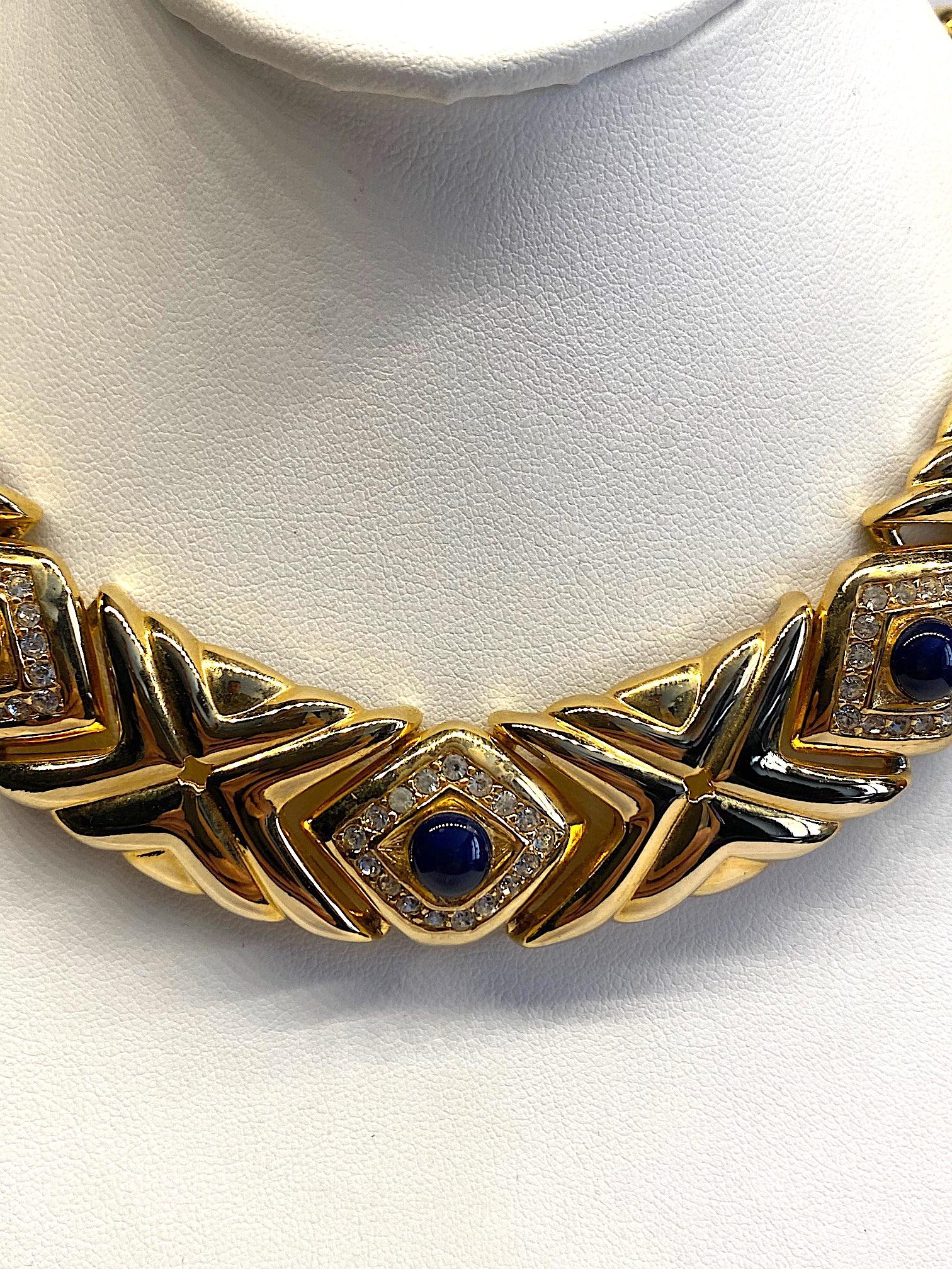 Givenchy 1980s Wide Gold Necklace with Blue Cabochon In Good Condition In New York, NY