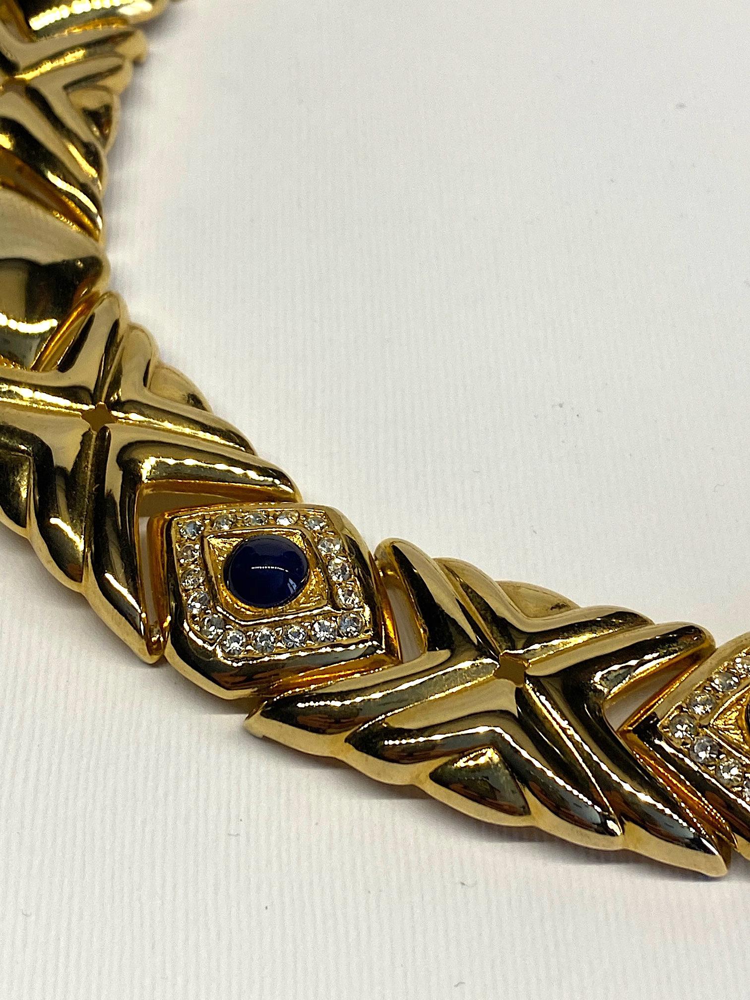 Givenchy 1980s Wide Gold Necklace with Blue Cabochon 4