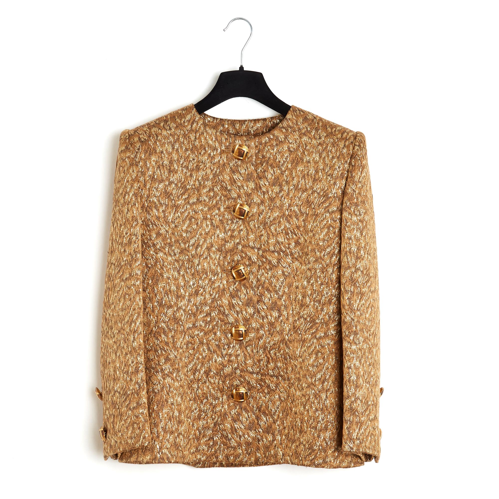 Givenchy 1990s Alta Costura Veste Jupes FR38 Conjunto Brocado Dorado UK10 US8 Marrón