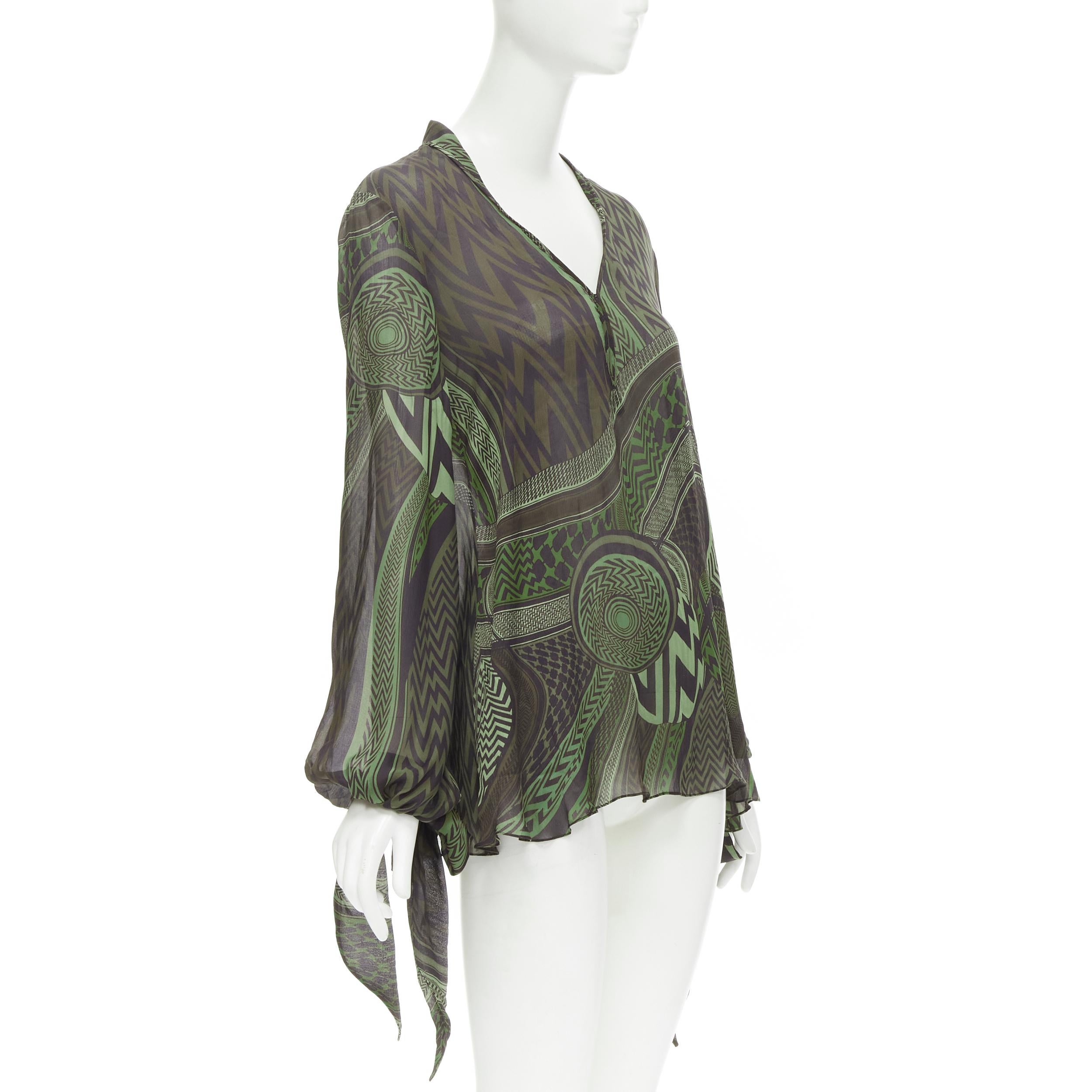Black GIVENCHY 2010 Tisci 100% silk green geometric print tie sleeve blouse FR40 M