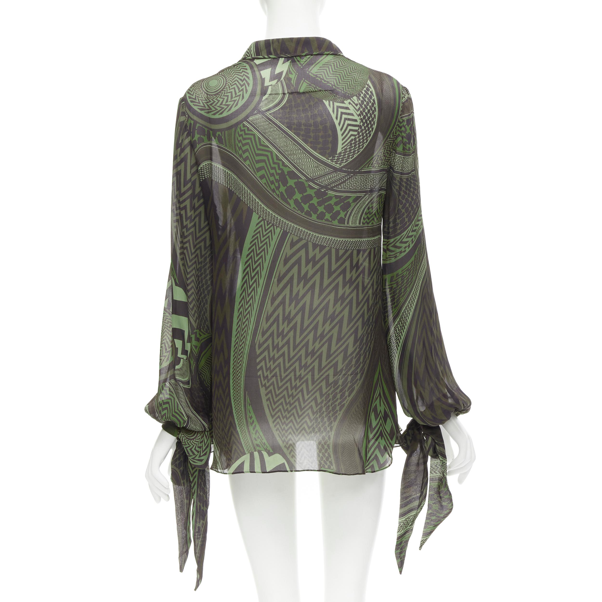 Women's GIVENCHY 2010 Tisci 100% silk green geometric print tie sleeve blouse FR40 M