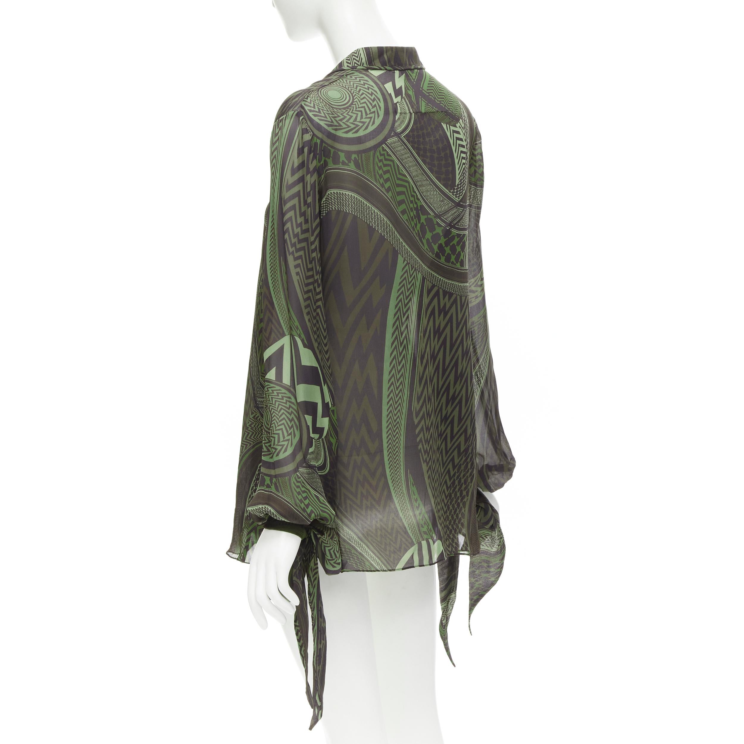 GIVENCHY 2010 Tisci 100% silk green geometric print tie sleeve blouse FR40 M 1