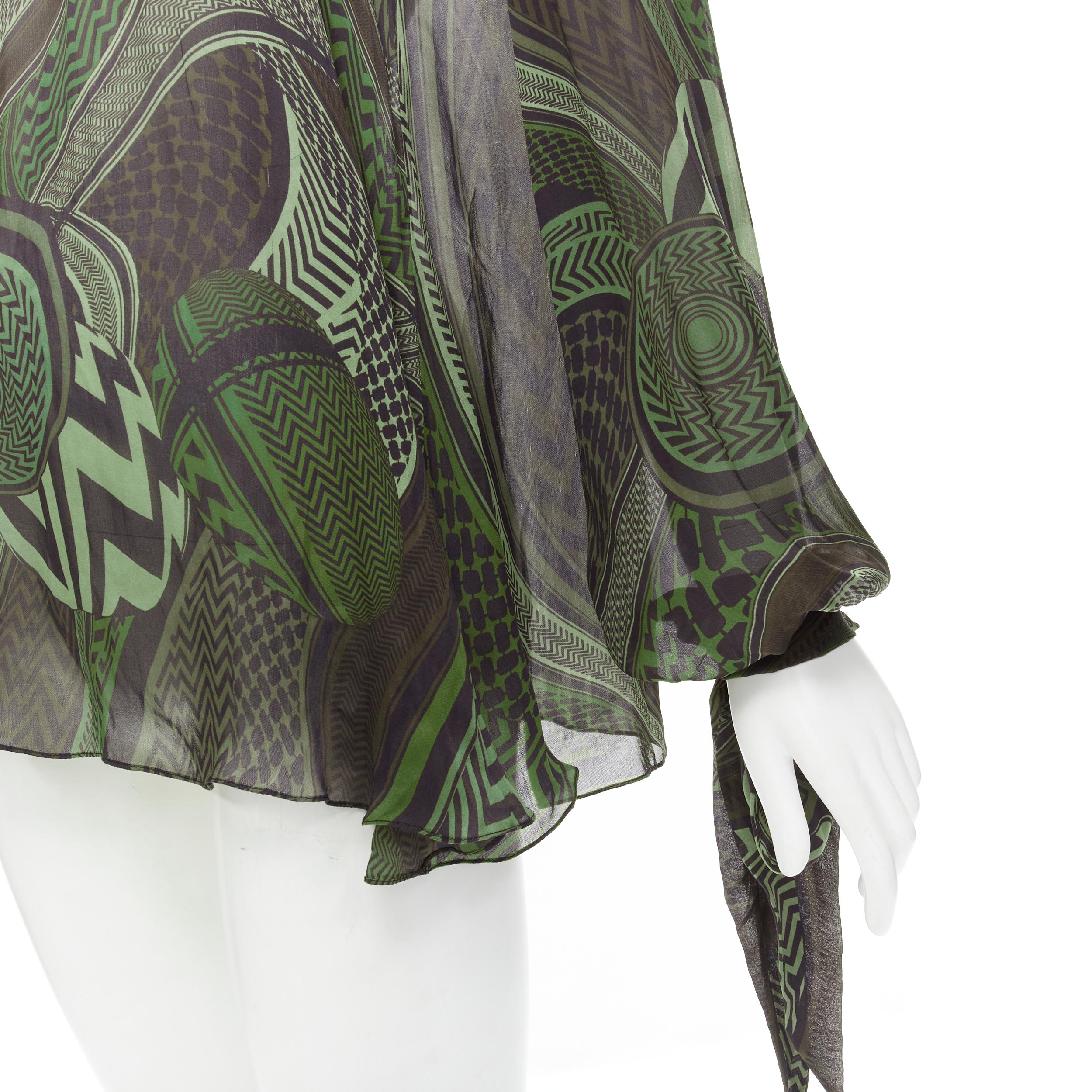 GIVENCHY 2010 Tisci 100% silk green geometric print tie sleeve blouse FR40 M 2