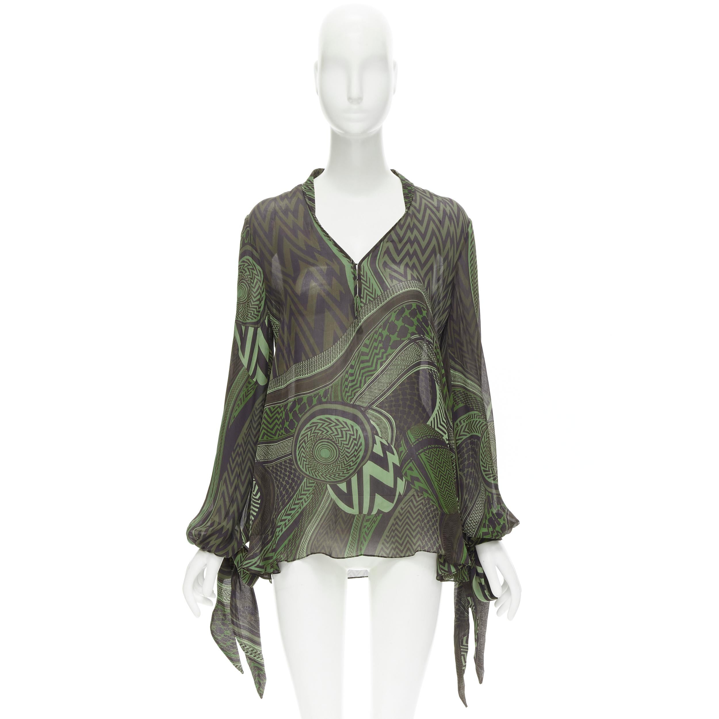 GIVENCHY 2010 Tisci 100% silk green geometric print tie sleeve blouse FR40 M 4