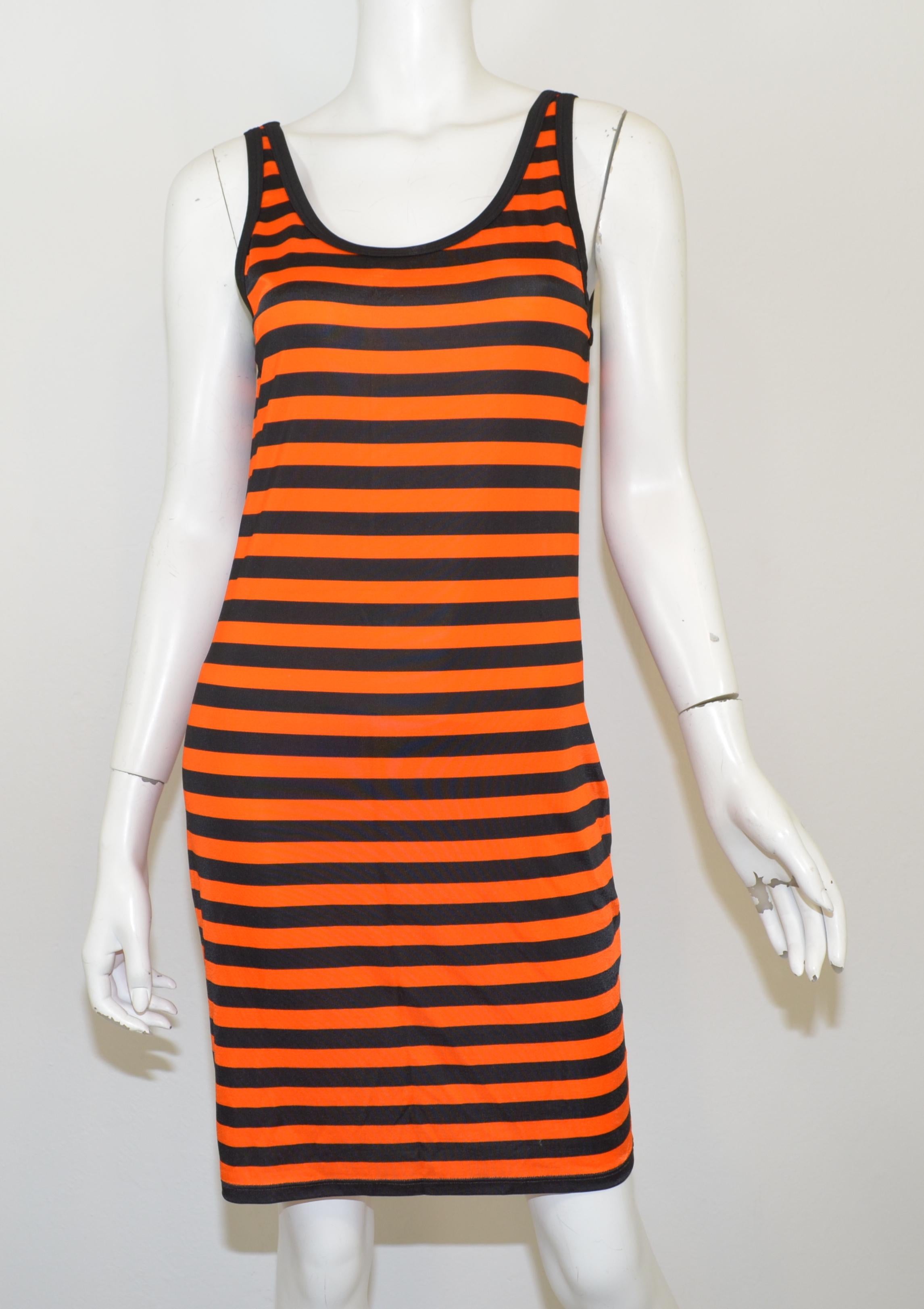 From the 2017 collection, this Clare Waight Keller for Givenchy striped dress is featured in orange and black and is composed with a silk spandex blend fabric. Dress is labeled size 42, made in Italy. 

Measurements: (Garment has stretch)
bust 34'',
