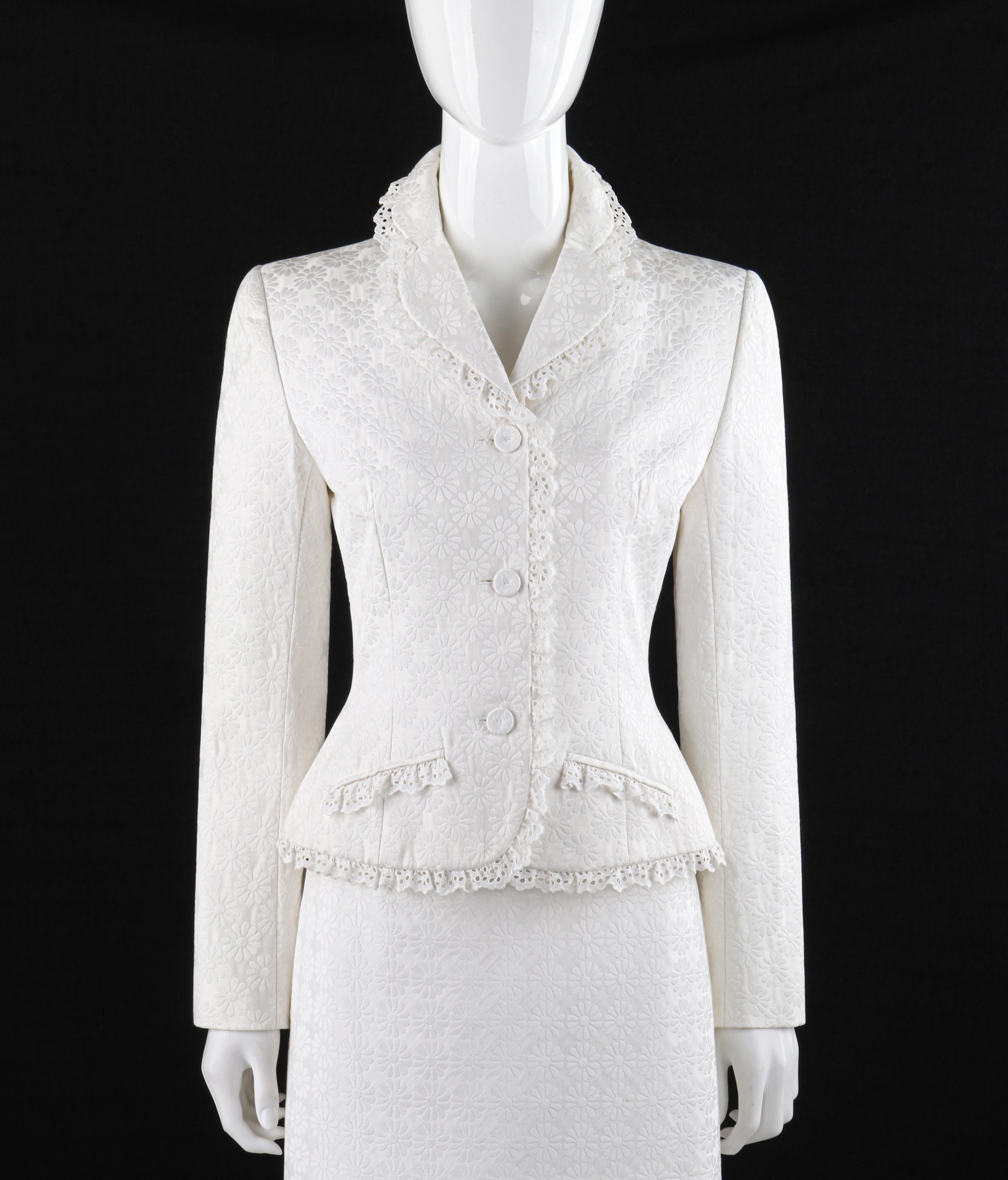 GIVENCHY A/W 1996 JOHN GALLIANO Brocade White Flower Embroidered Lace Trim Skirt Suit
 
Brand / Manufacturer: Givenchy
Collection: A/W 1996
Style: Skirt suit
Color(s): Shades of white/ivory
Lined: Yes
Marked Fabric Content: “98% cotton, 2% other