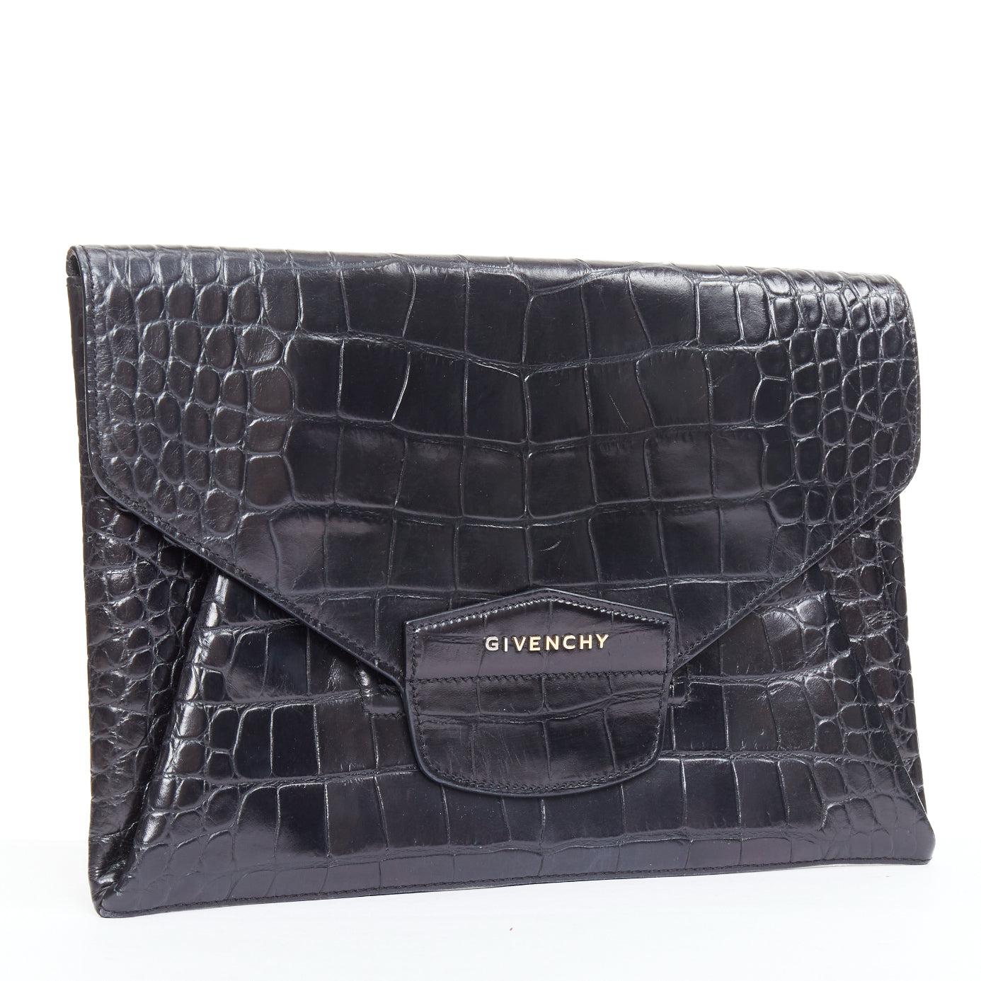 Black GIVENCHY Antigona black embossed leather silver logo envelope clutch For Sale