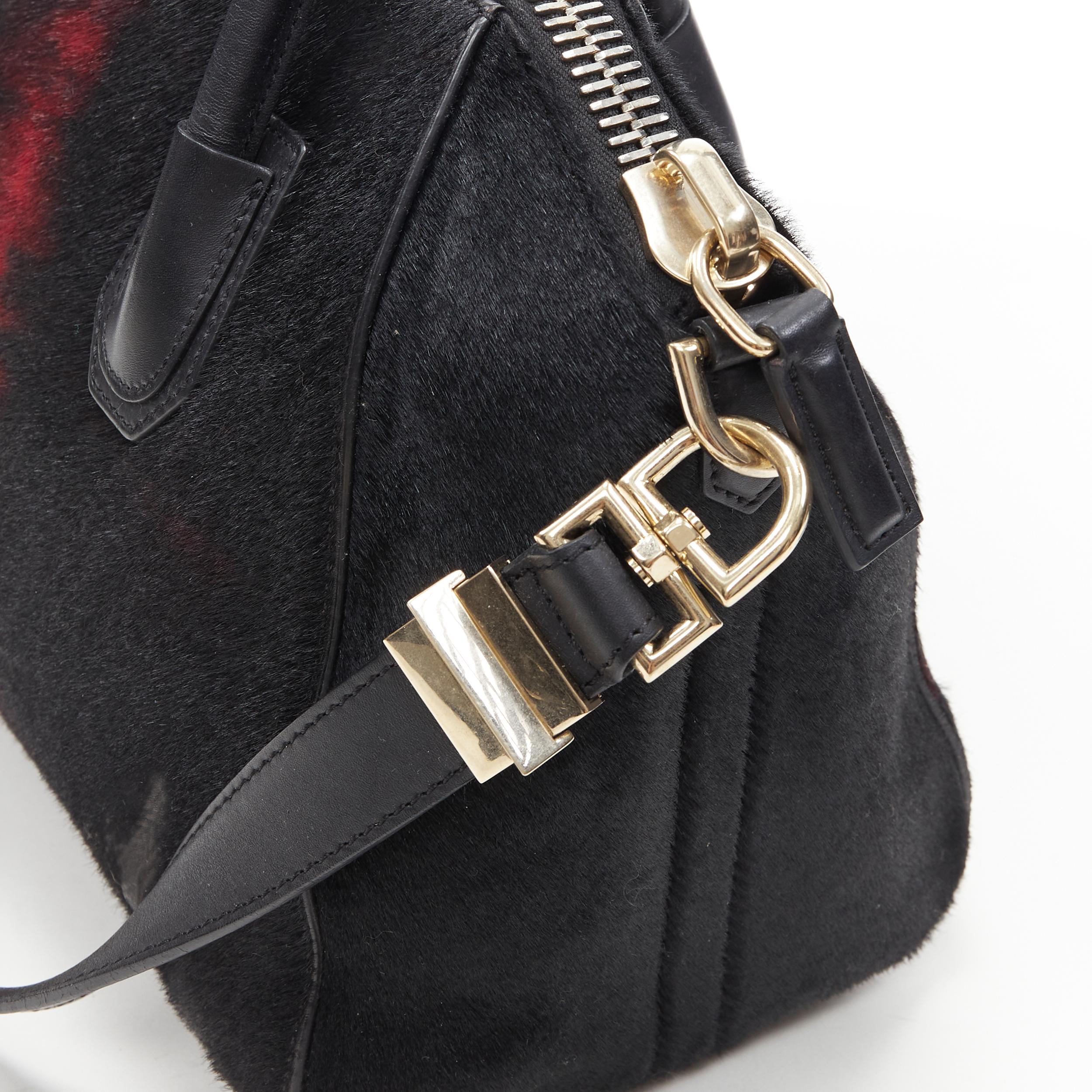 Women's GIVENCHY Antigona black red pony hair gold hardware top zip shoulder tote bag