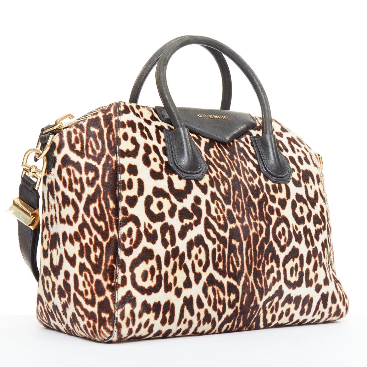 Marron GIVENCHY Antigona brown leopard print calf skin silver logo top handle bag en vente